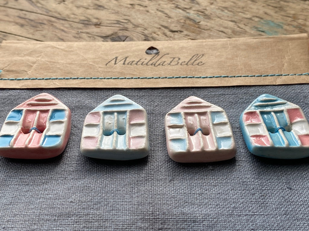 Set of 4, 30mm Handmade Pottery Beach Hut Buttons Mixed Pink and Blue