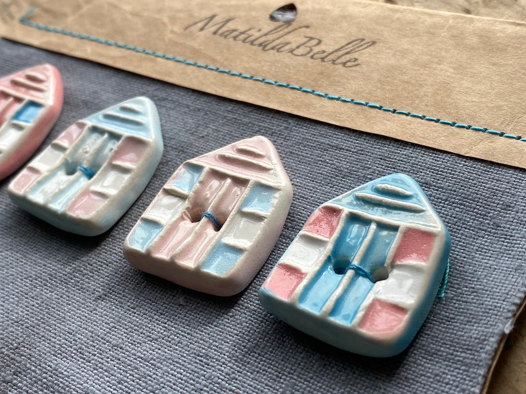 Set of 4, 30mm Handmade Pottery Beach Hut Buttons Mixed Pink and Blue