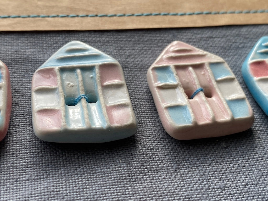 Set of 4 Handmade Pottery Beach Hut Buttons Pastel Pink