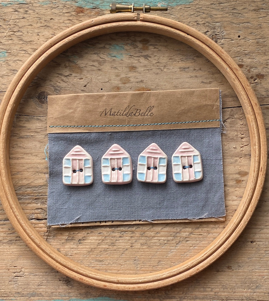 Set of 4 Handmade Pottery Beach hut Buttons Red