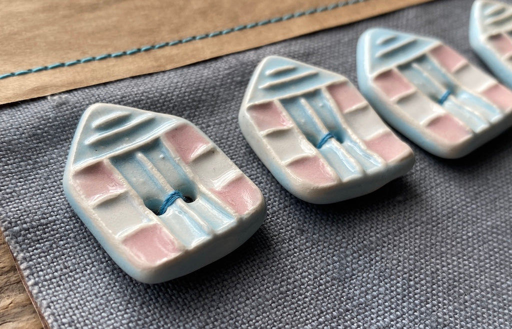Set of 4 Handmade Pottery Beach Hut Buttons Pastel Pink