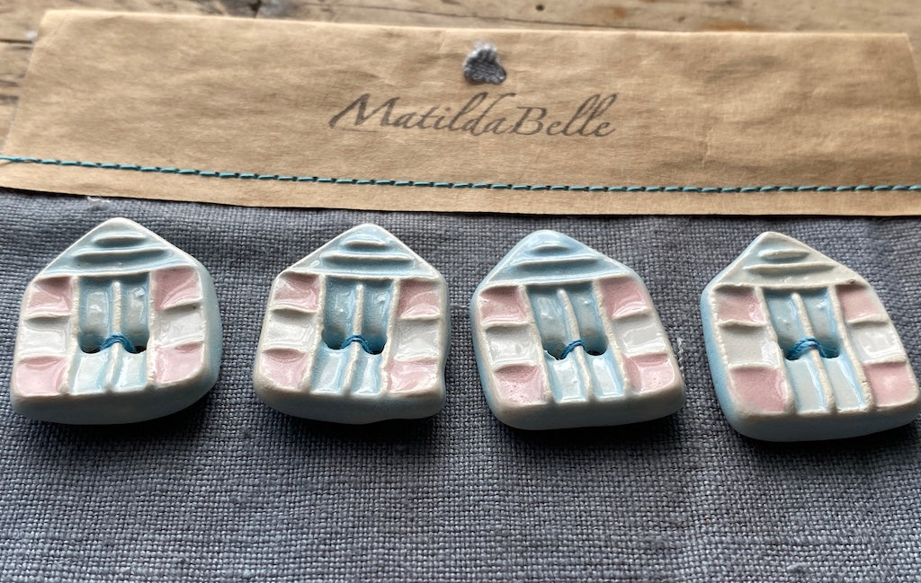 Set of 4 Handmade Pottery Beach hut Buttons Red