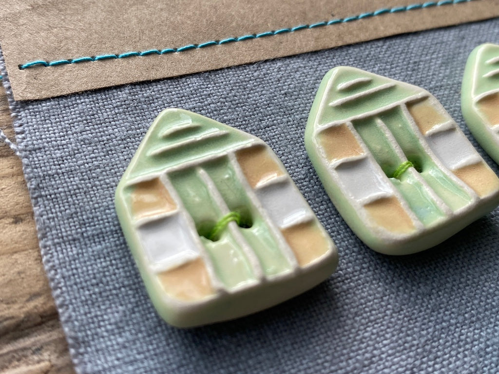 Set of 4 Handmade Pottery Beach Hut Buttons Pastel Pink