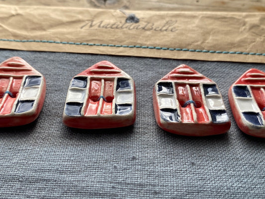 Set of 4 Handmade Pottery Beach hut Buttons Red