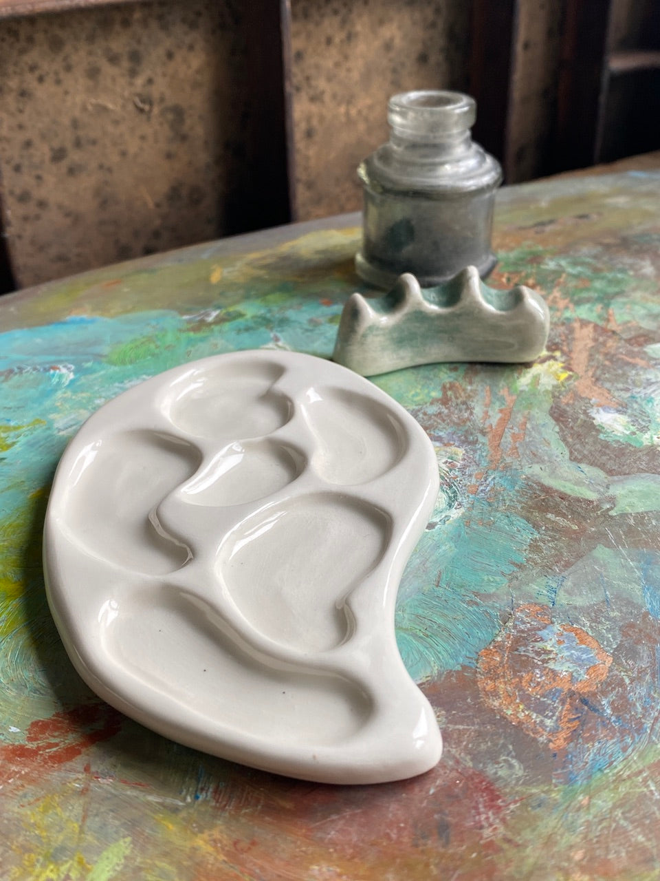 Ceramic Paint Palette with Brush Holder