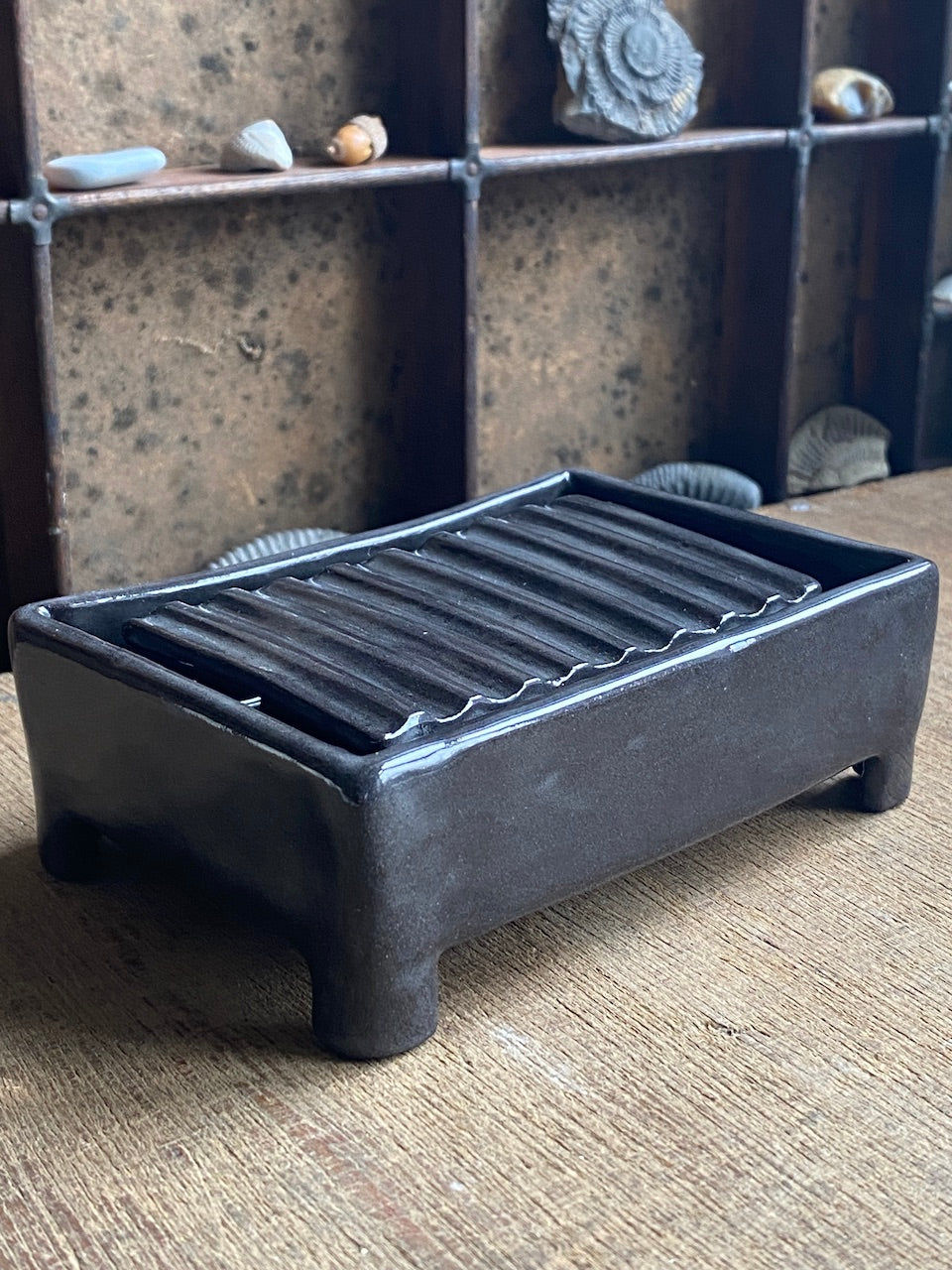 Two piece black handmade ceramic soap dish. Free draining luxury modern bathroom