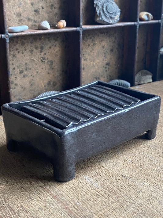 Two piece black handmade ceramic soap dish. Free draining luxury modern bathroom