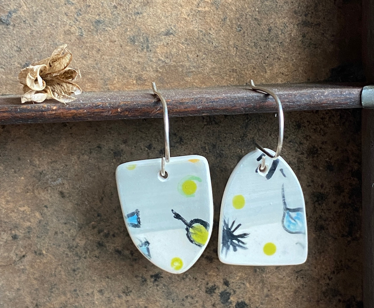 Botanical Pottery Drop Handmade Earrings on Silver - Exquisite Nature-inspired Jewellery