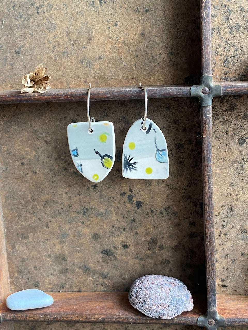 Botanical Pottery Drop Handmade Earrings on Silver - Exquisite Nature-inspired Jewellery