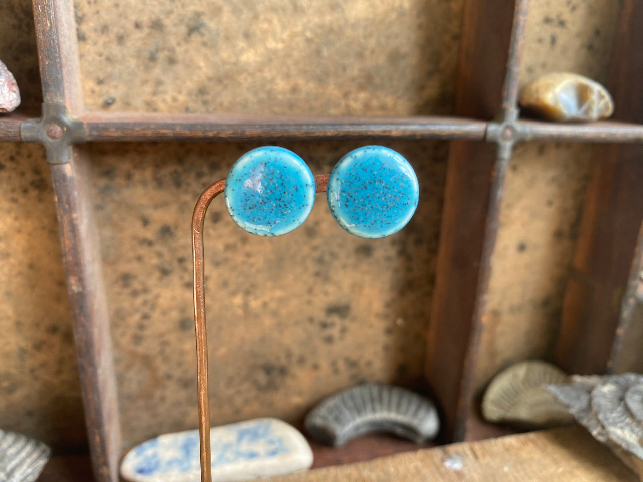 Handmade Speckled Blue Ceramic Stud Earrings - Kapow Range *p&p incl