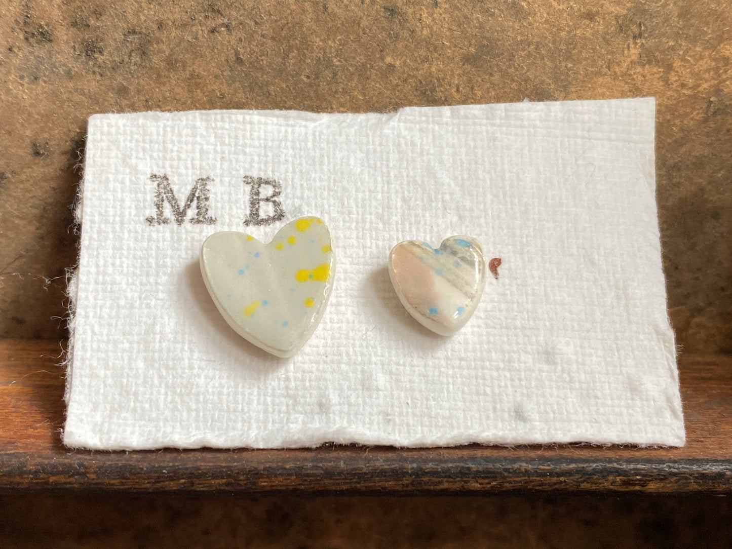 Ceramic Heart Mismatched Heart Stud Earrings - Painterly Glaze, Sterling Silver