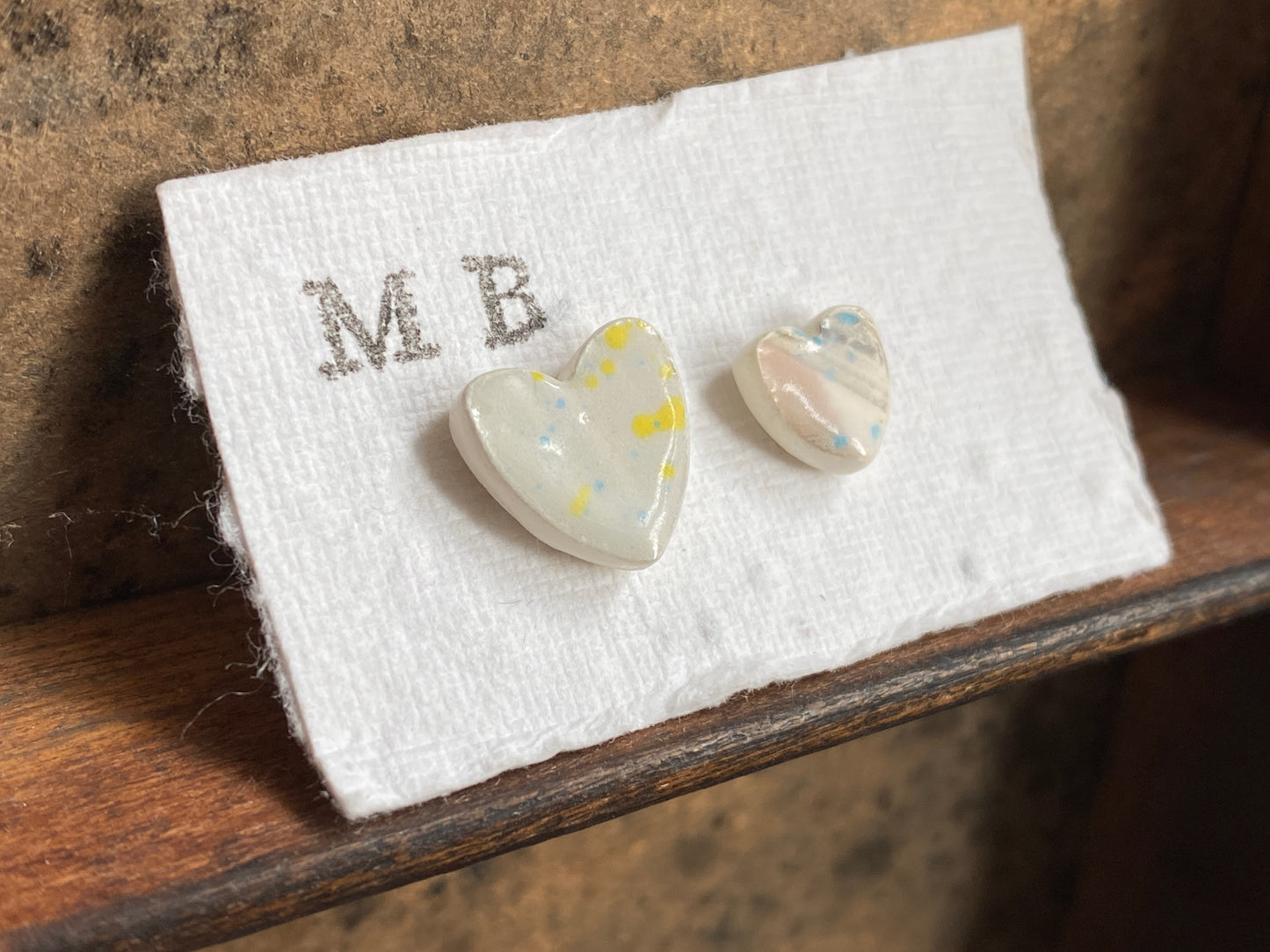 Ceramic Heart Mismatched Heart Stud Earrings - Painterly Glaze, Sterling Silver