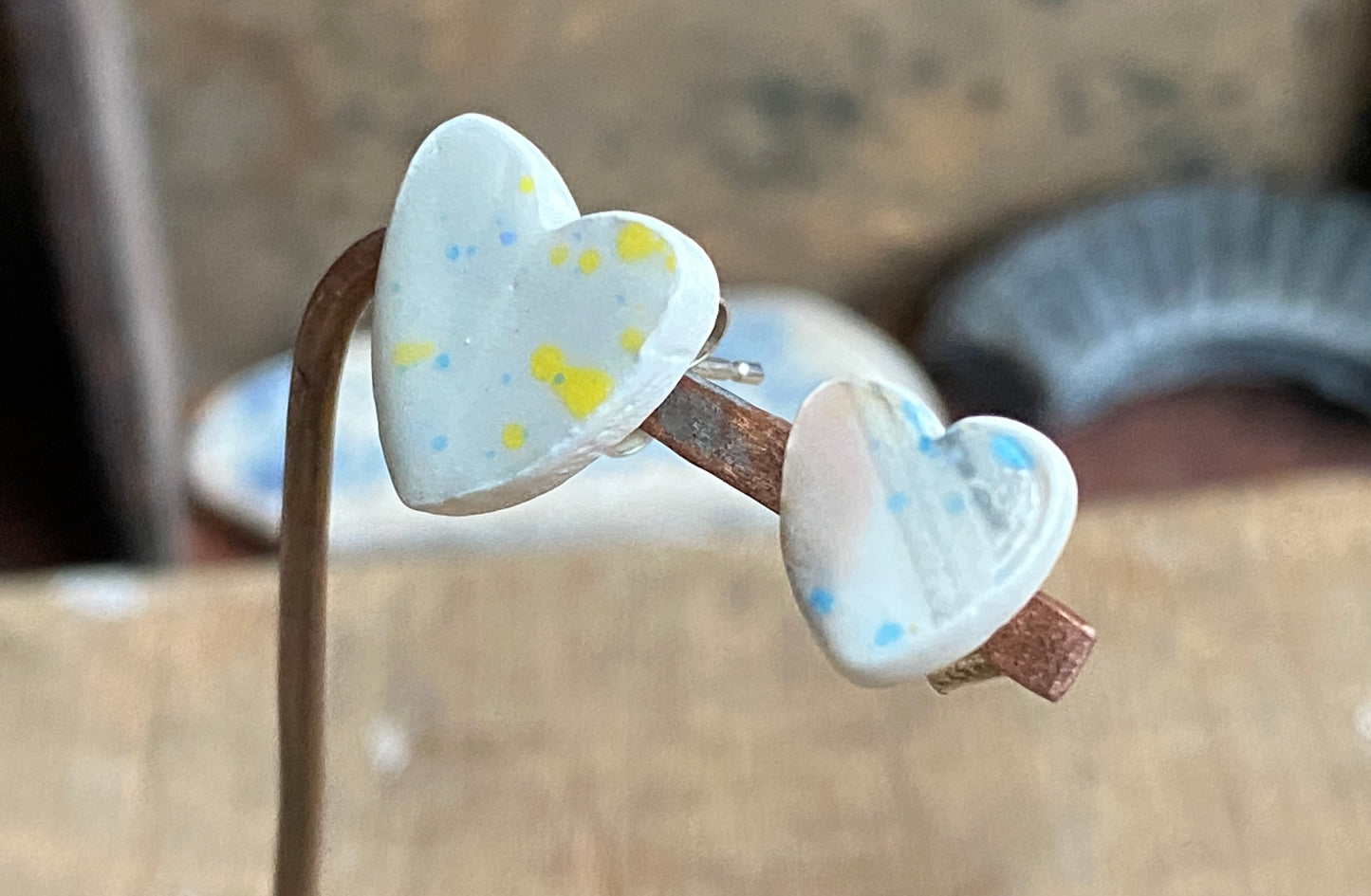 Ceramic Heart Mismatched Heart Stud Earrings - Painterly Glaze, Sterling Silver