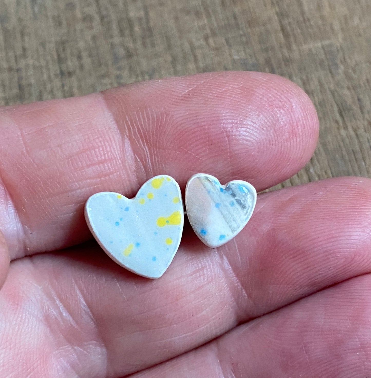 Ceramic Heart Mismatched Heart Stud Earrings - Painterly Glaze, Sterling Silver