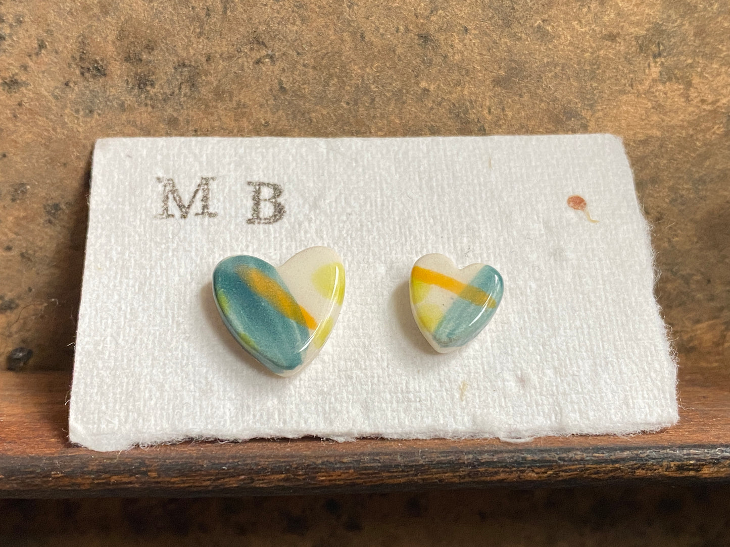 Ceramic Heart Mismatched Heart Stud Earrings - Painterly Glaze, Sterling Silver Fixings & Delicate Tones