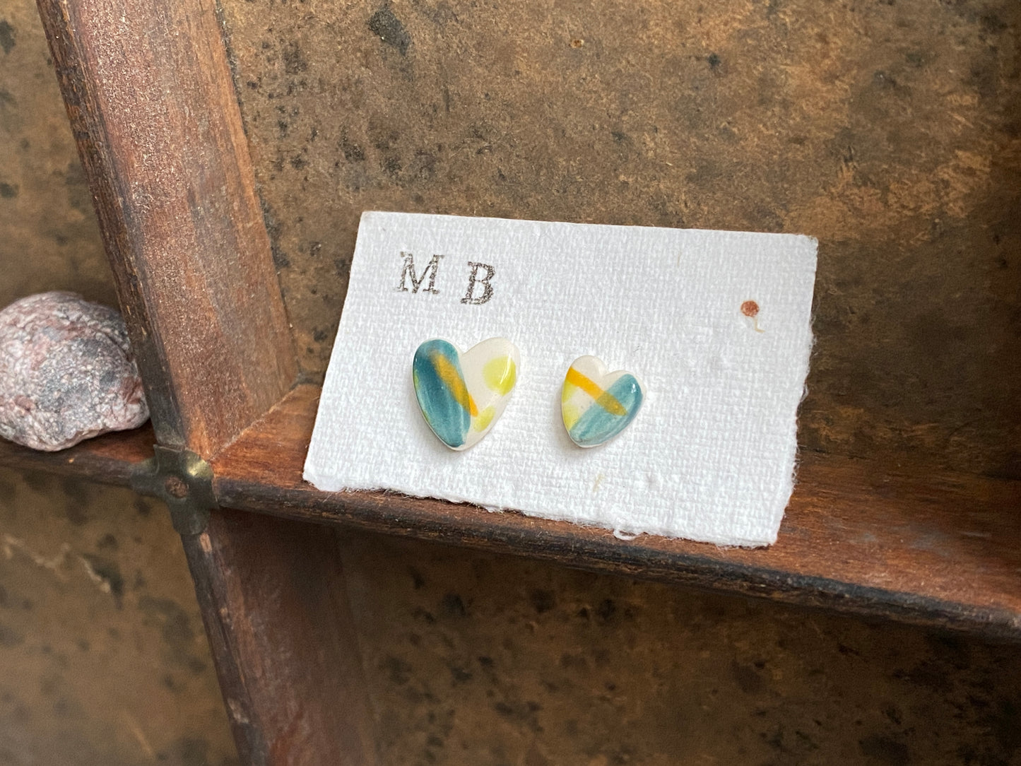 Ceramic Heart Mismatched Heart Stud Earrings - Painterly Glaze, Sterling Silver Fixings & Delicate Tones