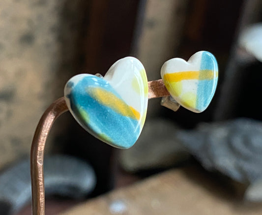 Ceramic Heart Mismatched Heart Stud Earrings - Painterly Glaze, Sterling Silver Fixings & Delicate Tones