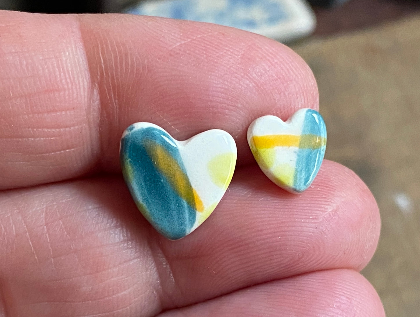 Ceramic Heart Mismatched Heart Stud Earrings - Painterly Glaze, Sterling Silver Fixings & Delicate Tones