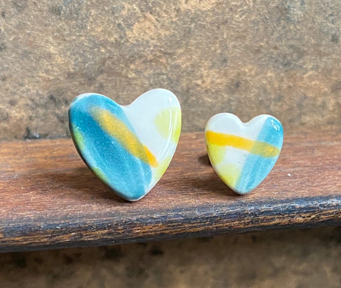 Ceramic Heart Mismatched Heart Stud Earrings - Painterly Glaze, Sterling Silver Fixings & Delicate Tones