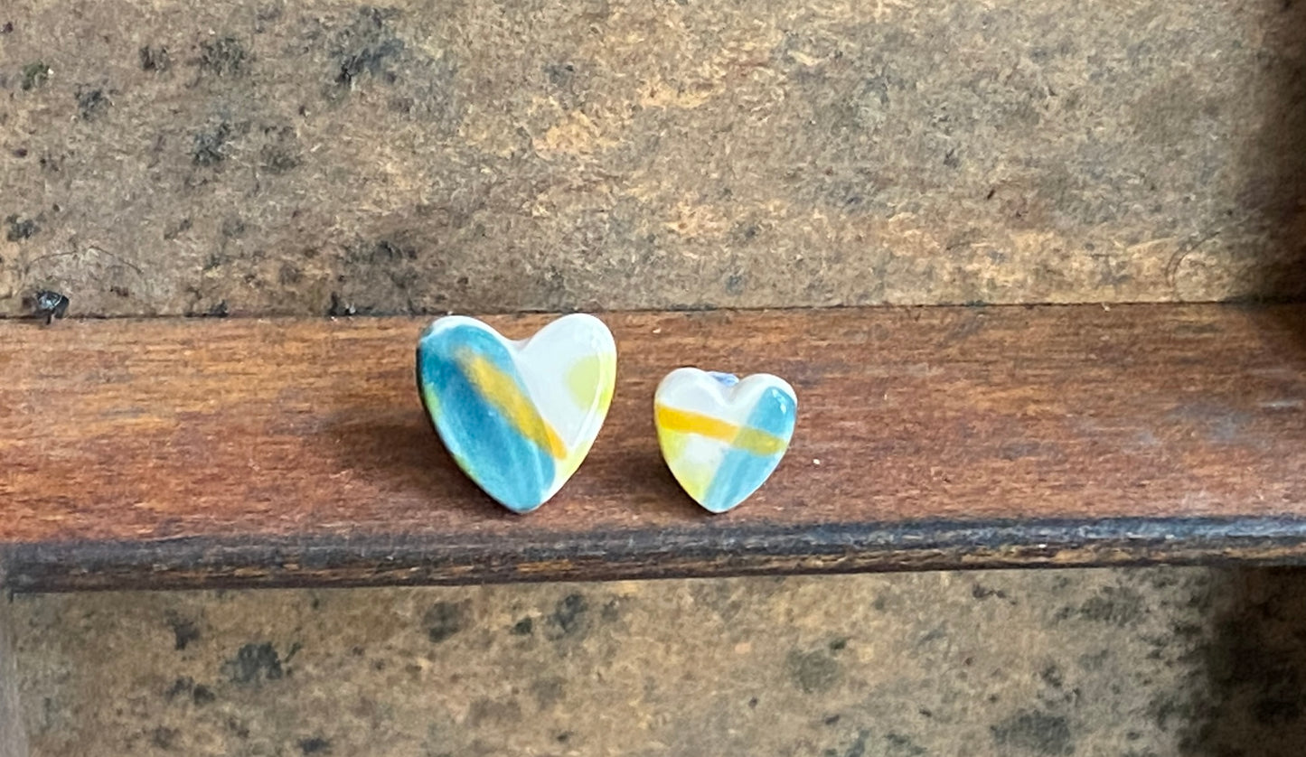 Ceramic Heart Mismatched Heart Stud Earrings - Painterly Glaze, Sterling Silver Fixings & Delicate Tones