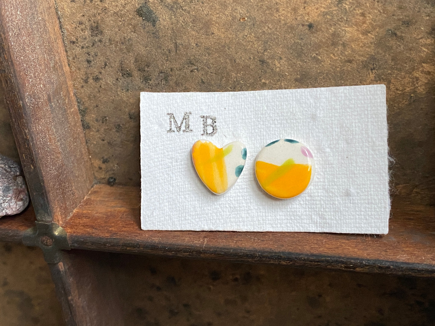 Ceramic Heart Mismatched Stud Earrings, Vibrant Orange