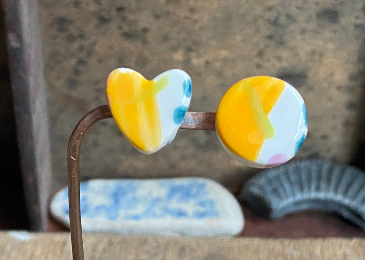 Ceramic Heart Mismatched Stud Earrings, Vibrant Orange