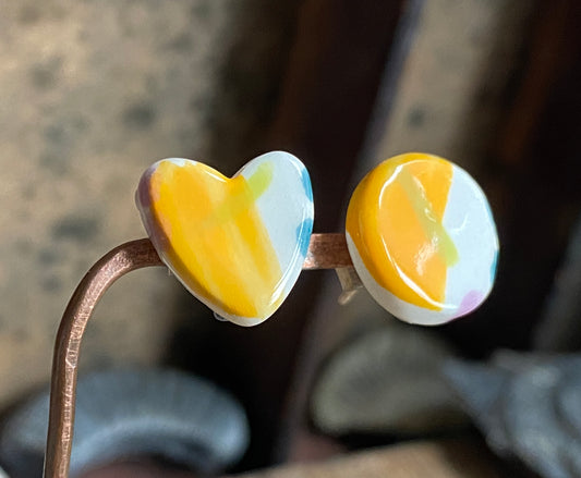 Ceramic Heart Mismatched Stud Earrings, Vibrant Orange