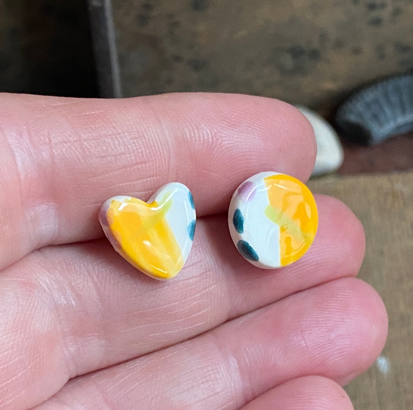 Ceramic Heart Mismatched Stud Earrings, Vibrant Orange