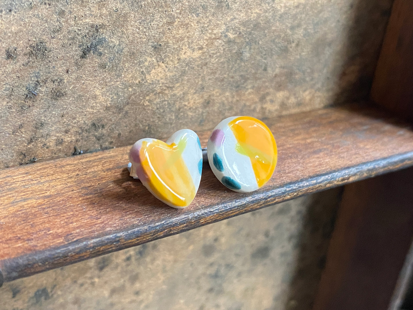 Ceramic Heart Mismatched Stud Earrings, Vibrant Orange