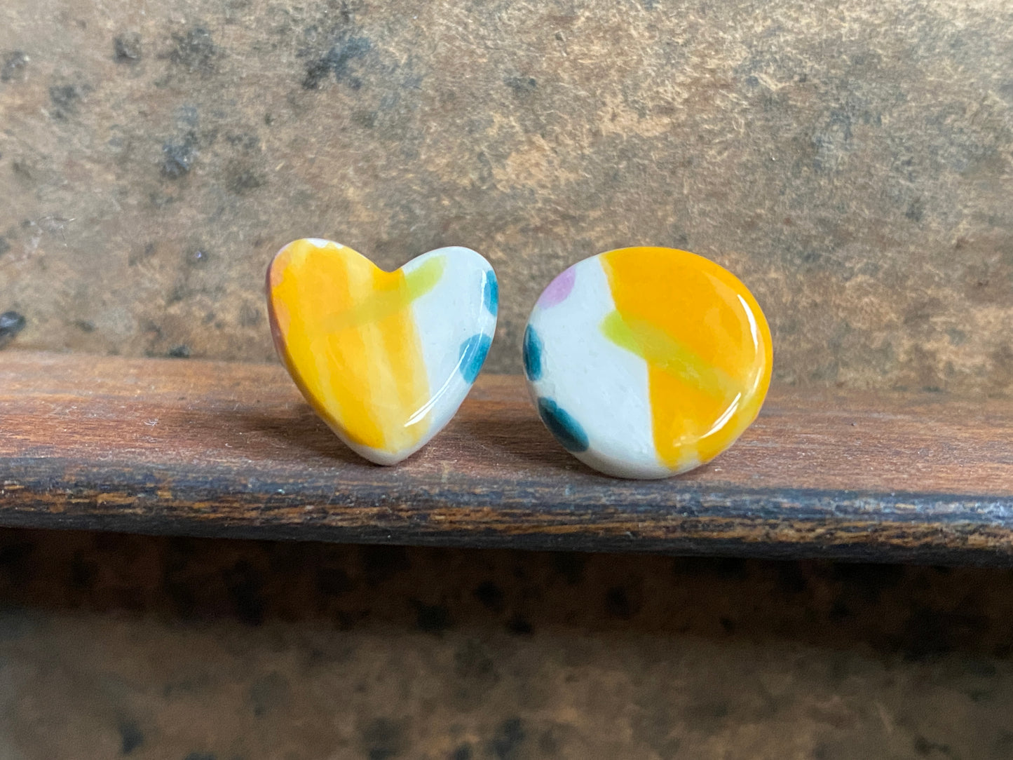 Ceramic Heart Mismatched Stud Earrings, Vibrant Orange