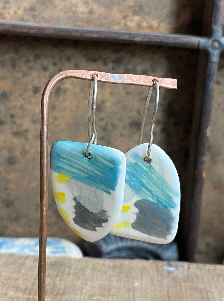 Handmade Ceramic Drop Earrings - Painterly Range, Earthenware Clay & Recycled Sterling Silver