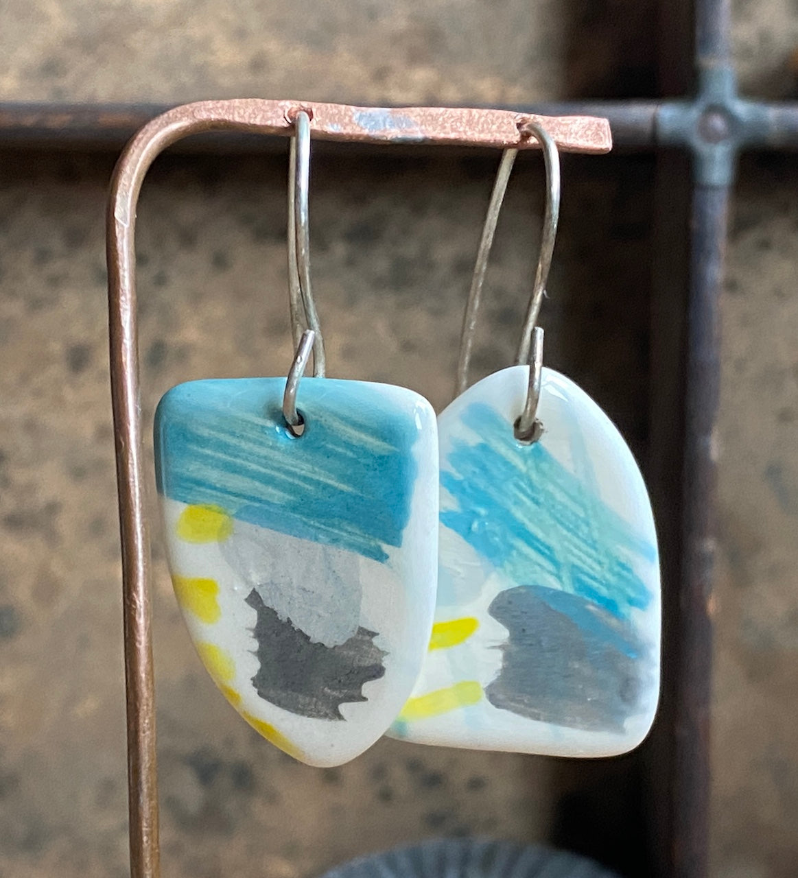 Handmade Ceramic Drop Earrings - Painterly Range, Earthenware Clay & Recycled Sterling Silver