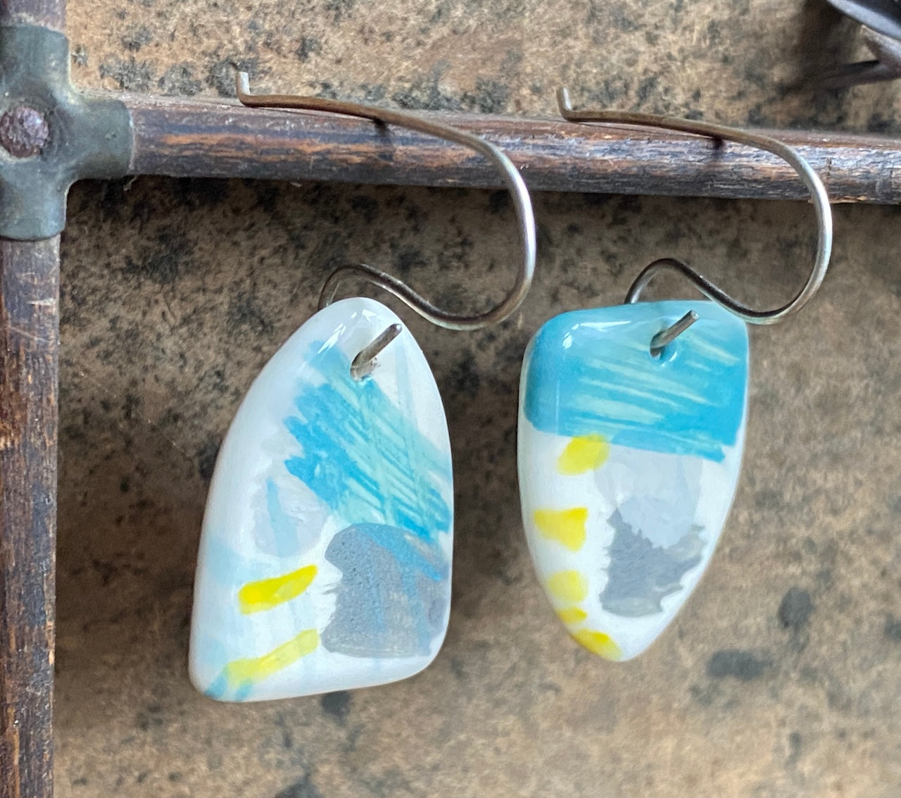 Handmade Ceramic Drop Earrings - Painterly Range, Earthenware Clay & Recycled Sterling Silver