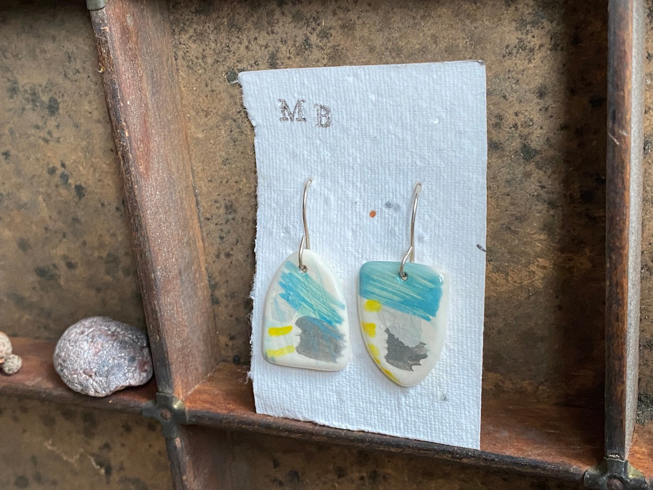 Handmade Ceramic Drop Earrings - Painterly Range, Earthenware Clay & Recycled Sterling Silver