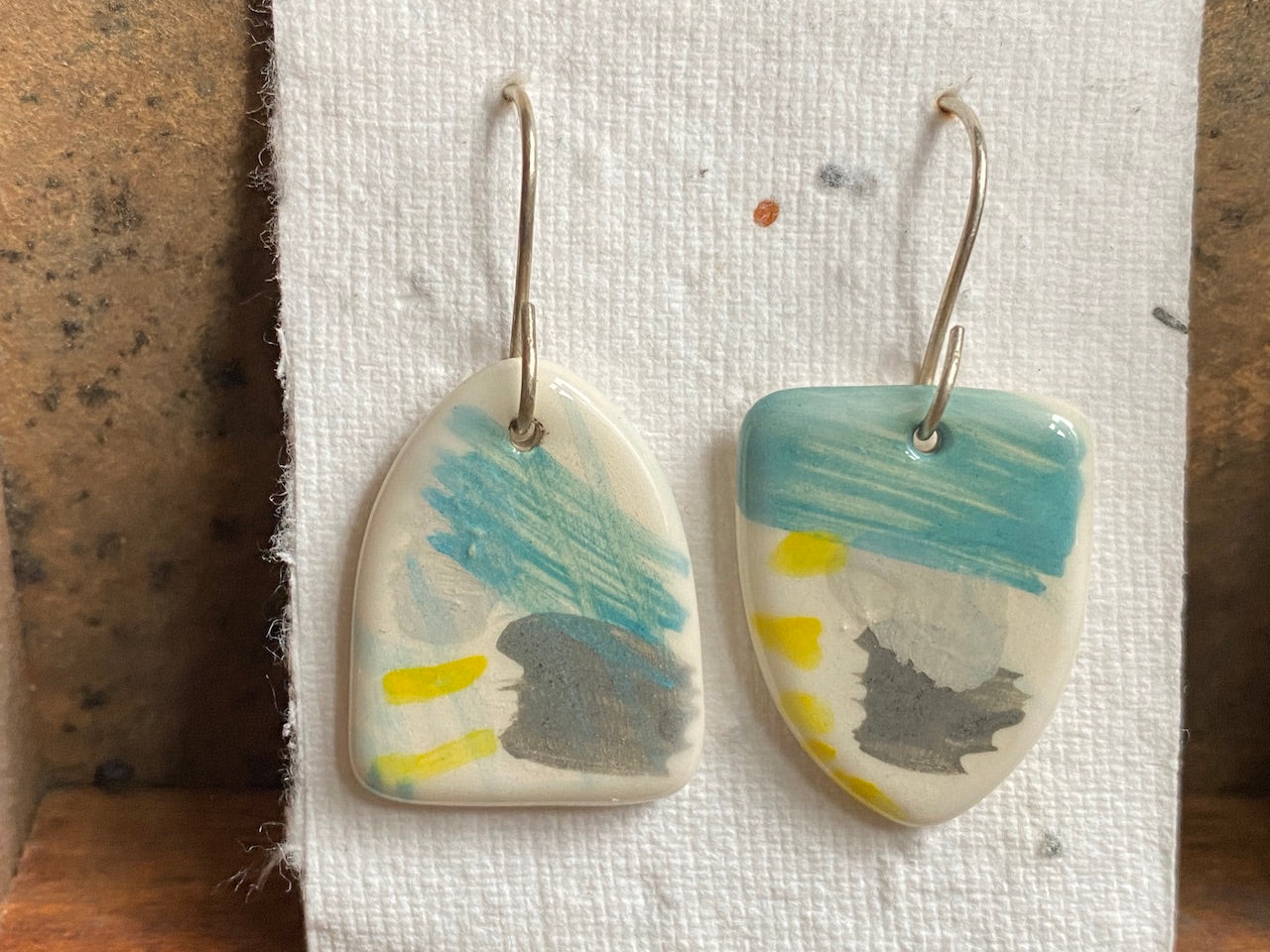 Handmade Ceramic Drop Earrings - Painterly Range, Earthenware Clay & Recycled Sterling Silver