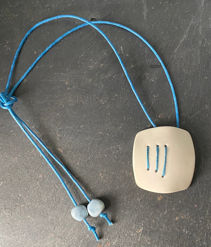 Handmade Ceramic Statement Pendant Necklace - Royal Blue Stitching