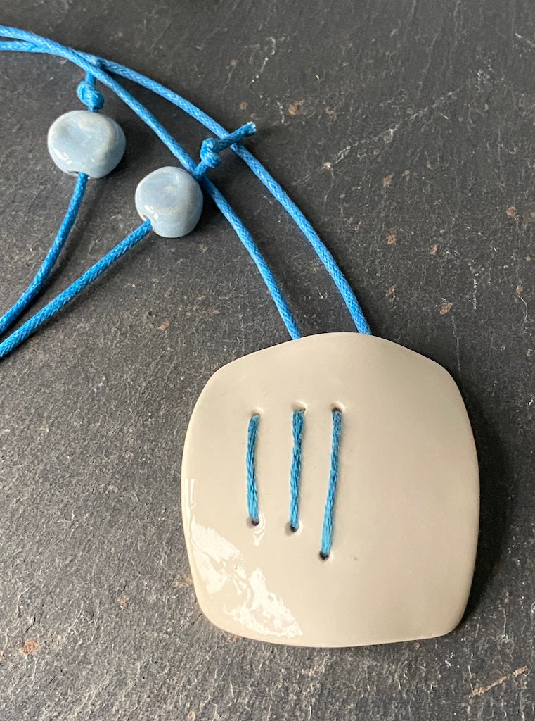 Handmade Ceramic Statement Pendant Necklace - Royal Blue Stitching