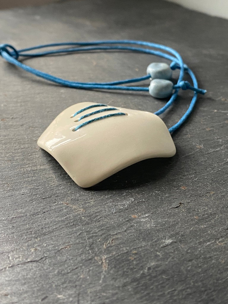 Handmade Ceramic Statement Pendant Necklace - Royal Blue Stitching