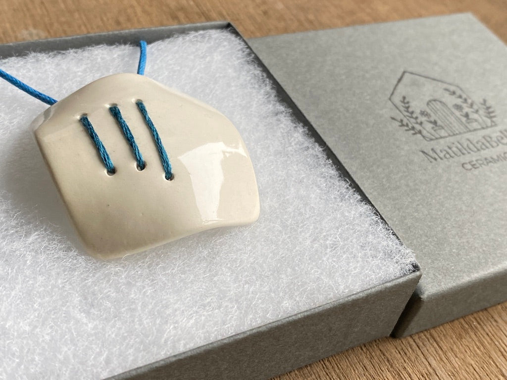 Handmade Ceramic Statement Pendant Necklace - Royal Blue Stitching