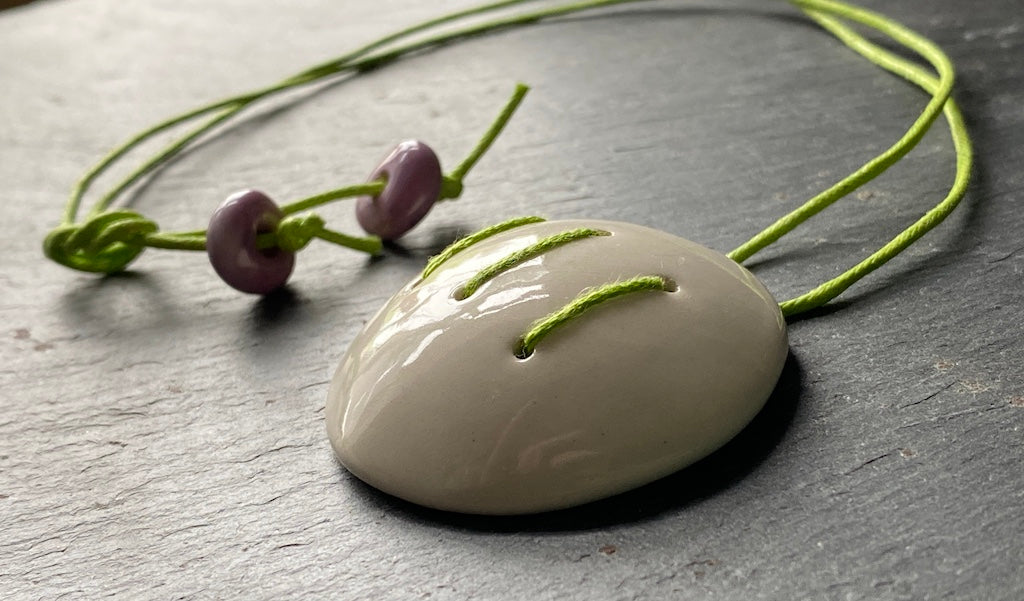 Handmade Contemporary Ceramic Pendant Necklace Lime and White