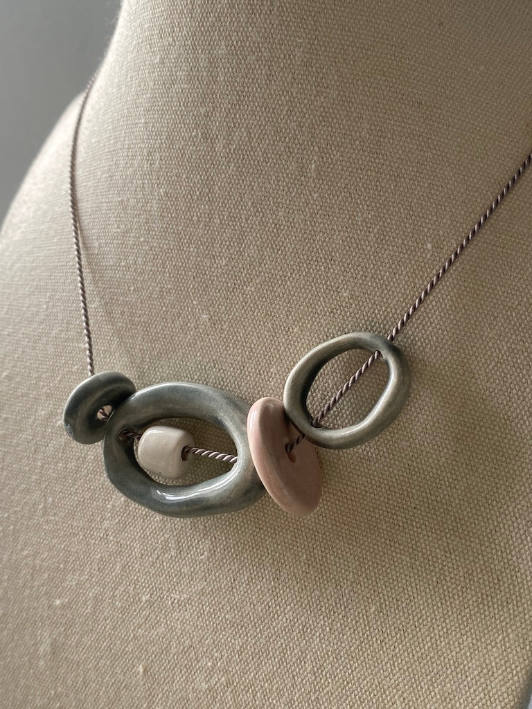 Handmade Ceramic Bead Necklace - Pastel Palette, Grey Silk Cord,