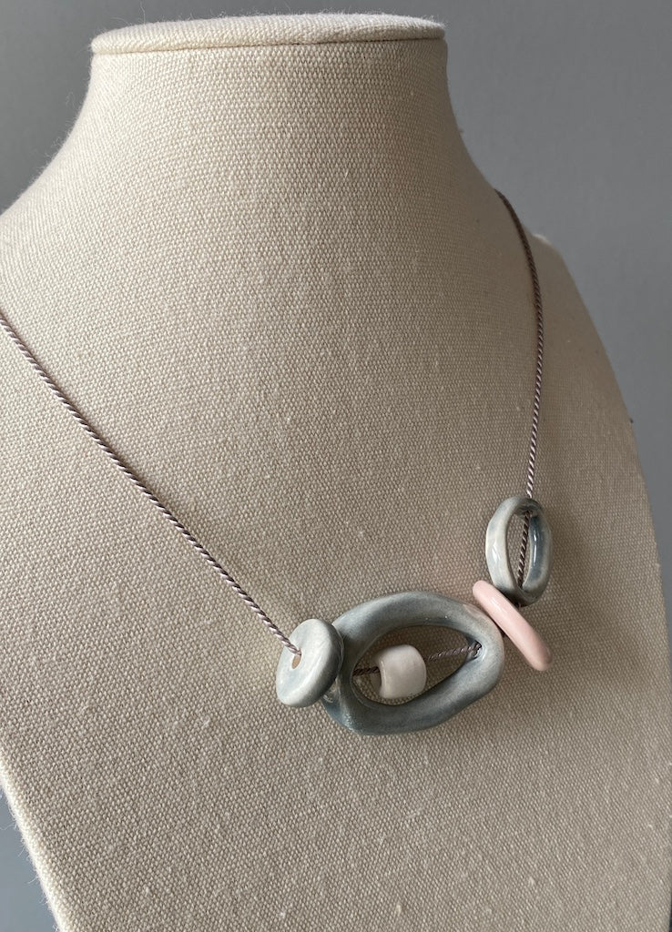 Handmade Ceramic Bead Necklace - Pastel Palette, Grey Silk Cord,