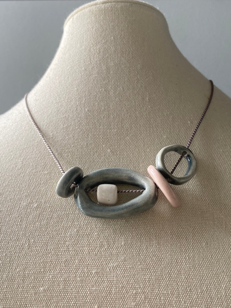 Handmade Ceramic Bead Necklace - Pastel Palette, Grey Silk Cord,