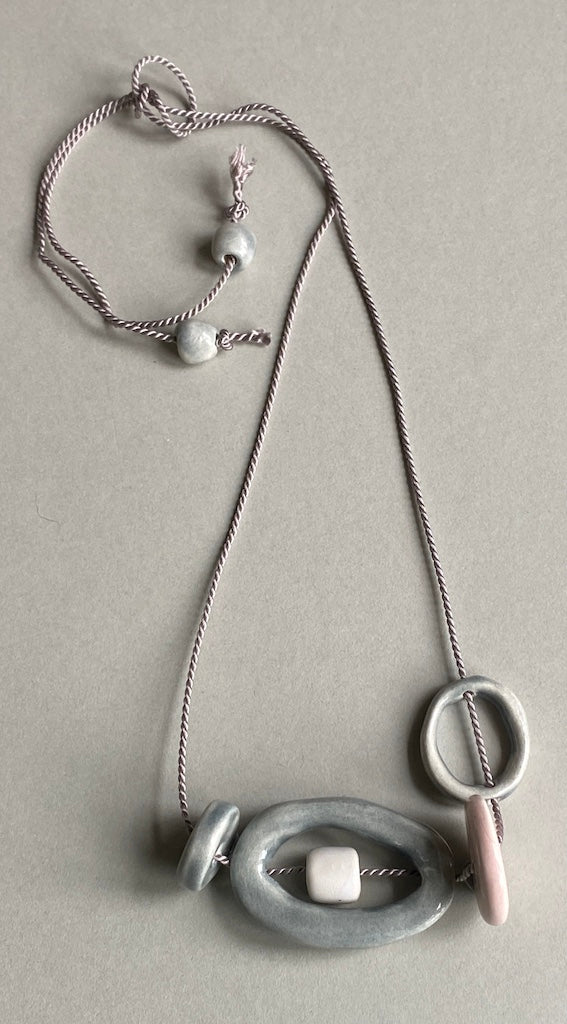Handmade Ceramic Bead Necklace - Pastel Palette, Grey Silk Cord,