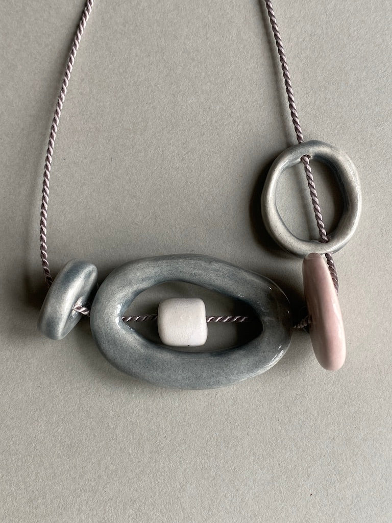 Handmade Ceramic Bead Necklace - Pastel Palette, Grey Silk Cord,