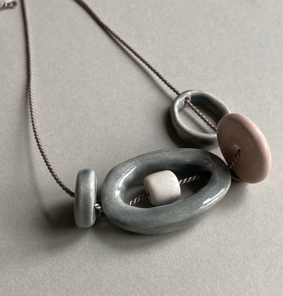 Handmade Ceramic Bead Necklace - Pastel Palette, Grey Silk Cord,