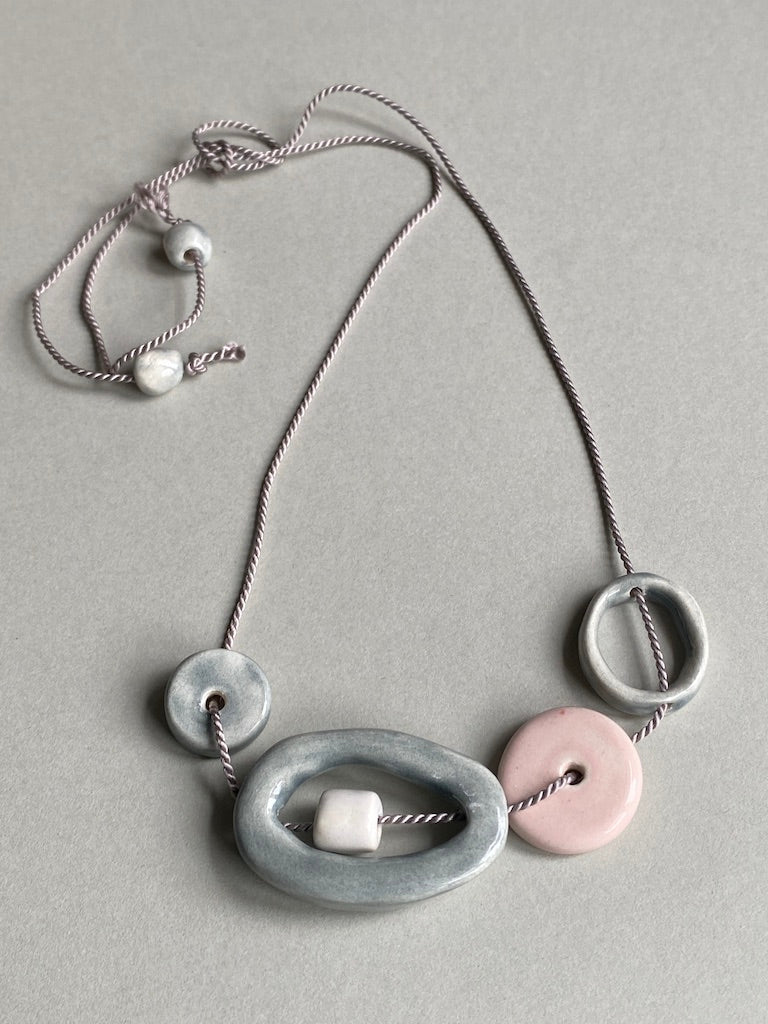 Handmade Ceramic Bead Necklace - Pastel Palette, Grey Silk Cord,