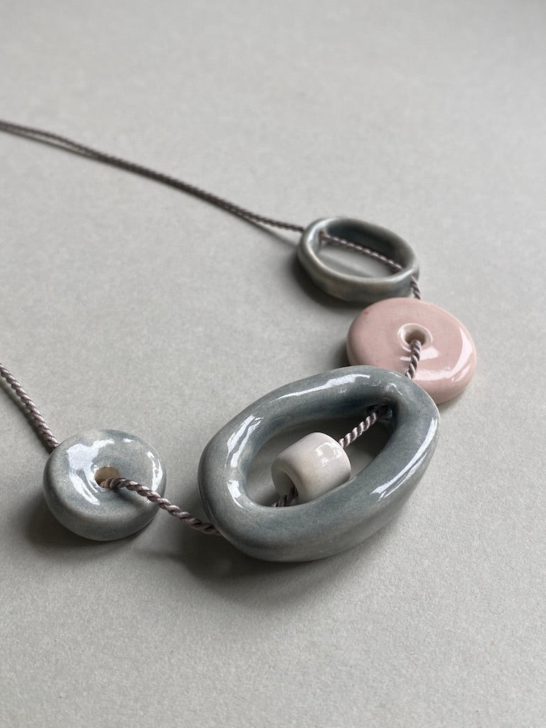 Handmade Ceramic Bead Necklace - Pastel Palette, Grey Silk Cord,