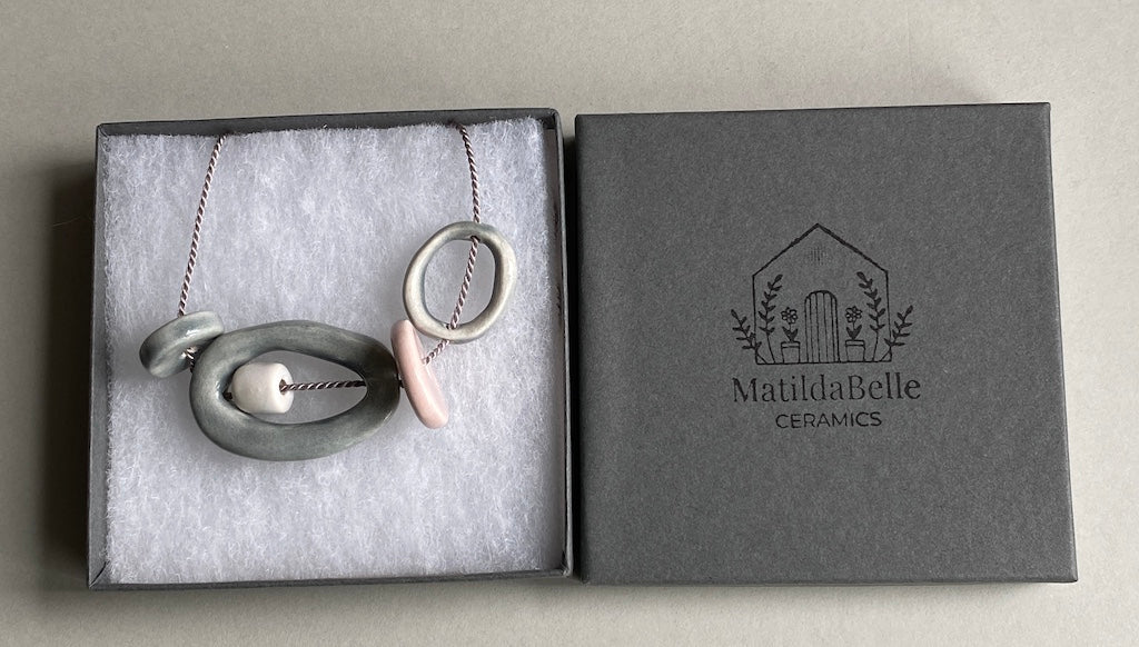 Handmade Ceramic Bead Necklace - Pastel Palette, Grey Silk Cord,