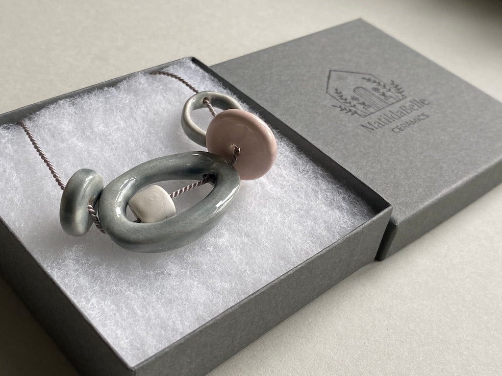Handmade Ceramic Bead Necklace - Pastel Palette, Grey Silk Cord,